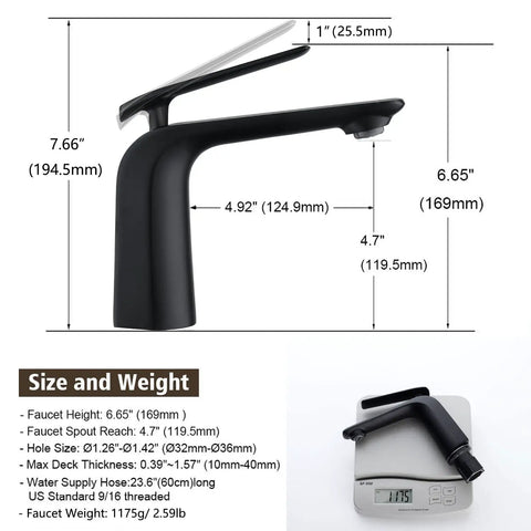 Matte Black Bathroom Sink Faucet With Single Handle, Deck Mount 1 Hole, Brass Body, shown with size dimensions and on scale