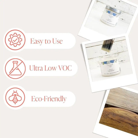 Eco Friendly Clear Satin Top Coat For Chalk Style Wood Furniture, 16oz Pint with easy application, low VOC, eco-friendly icons