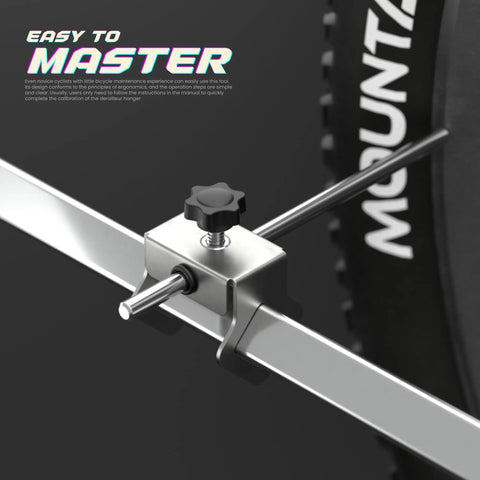 Close-up of the Bike Derailleur Hanger Alignment Tool For 20 To 29 Inch Wheels, 304 Stainless Steel in use on MTB wheel