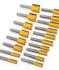 Knockout 100 Piece Router Bit And Chisel Set With 1/4 Shank contains yellow-tipped router bits designed for precision woodworking.