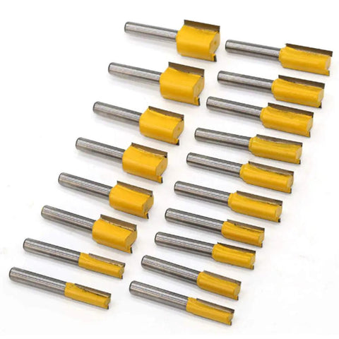 Knockout 100 Piece Router Bit And Chisel Set With 1/4 Shank contains yellow-tipped router bits designed for precision woodworking.