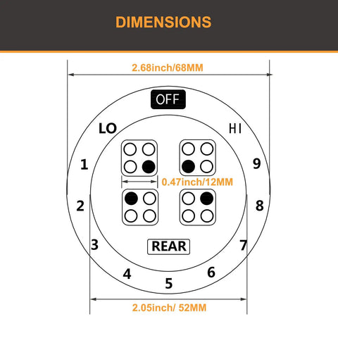 Diagram showing dimensions of Six Burner Stove Dial Sticker Set For Knobs And Controls, Heat Resistant Self Adhesive Clear Vinyl Labels.