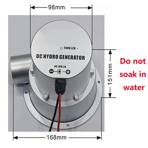 DC hydro generator with dimensions, labeled 98mm by 151mm, featuring cable inputs. Do not soak. Portable Micro Hydroelectric Generator For Outdoor Use On The Go.