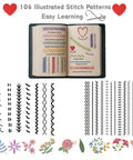 2026 Upgraded Embroidery Stitch Book Kit With 106 Grab And Go Patterns, showing open book with illustrated stitches and motifs.