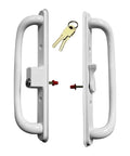 Sliding Patio Door White Offset Pull Handle Set With Keys For 10 Inch Escutcheon, Fits 3 15/16 Inch Hole Spacing And 1 1/4 To 2 1/4 Inch Door Thickness, Replacement Fix And Repair Hardware, Durable Escutcheon Plate