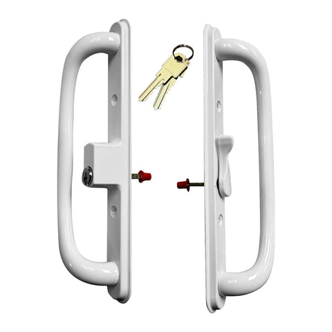 Sliding Patio Door White Offset Pull Handle Set With Keys For 10 Inch Escutcheon, Fits 3 15/16 Inch Hole Spacing And 1 1/4 To 2 1/4 Inch Door Thickness, Replacement Fix And Repair Hardware, Durable Escutcheon Plate