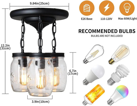 Dope 3-Light Glass Mason Jar Pendant Lights For Kitchen Island Farmhouse Style Close-To-Ceiling Mount Over-Sink Lighting Barn Dining Room Chandelier Hallway And Stairway Accent Fixtures with recommended bulb types shown