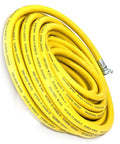 Heavy Duty Yellow Rubber Air Hose For Jackhammers 3/4 Inch By 50 Feet 300 Psi Chicago Style Couplers coiled neatly.