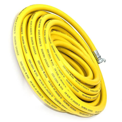Heavy Duty Yellow Rubber Air Hose For Jackhammers 3/4 Inch By 50 Feet 300 Psi Chicago Style Couplers coiled neatly.