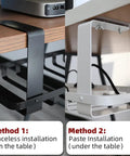 Heavy Duty Under Desk Cable Management Tray Designed As A Complete Game Changer For Crushing Cord Chaos Without Any Messy Drilling To Keep Your Workspace Looking Slick And Totally Stress Free In Matte White installation methods shown