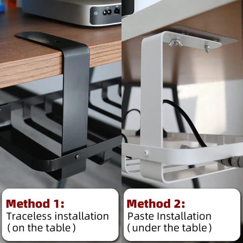 Heavy Duty Under Desk Cable Management Tray Designed As A Complete Game Changer For Crushing Cord Chaos Without Any Messy Drilling To Keep Your Workspace Looking Slick And Totally Stress Free In Matte White installation methods shown