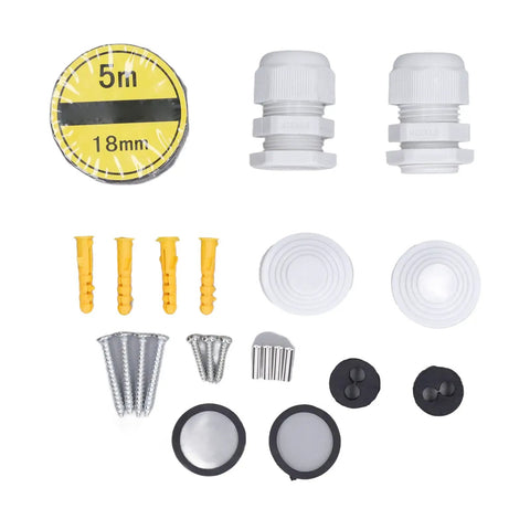 Installation accessories for Transparent Cover DC Miniature Circuit Breaker, including screws, plugs, and cable glands.