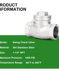 Front-side view of a swing check valve, 1-1/4 in NPT female, 304 stainless steel
