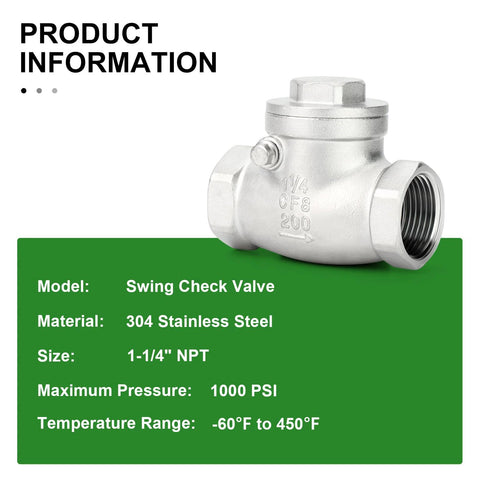 Front-side view of a swing check valve, 1-1/4 in NPT female, 304 stainless steel