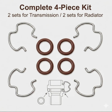 Complete 4-piece kit with E-clips and O-rings for 3/8 Inch Transmission Oil Cooler Line Replacement Clips And O-Rings Kit