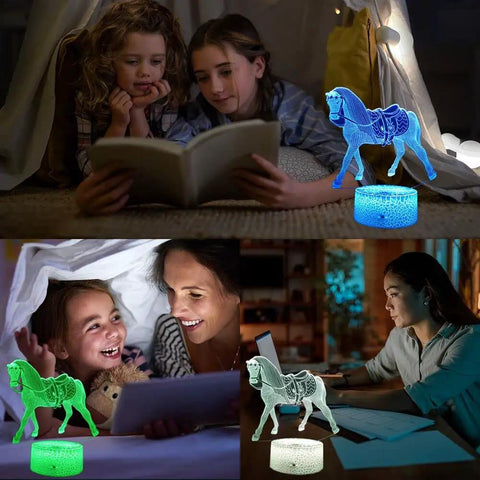 Children reading beside Lit 3D Horse Night Light For Kids With Remote And Smart Touch Control 16 Color Changing Dimmable LED Lamp