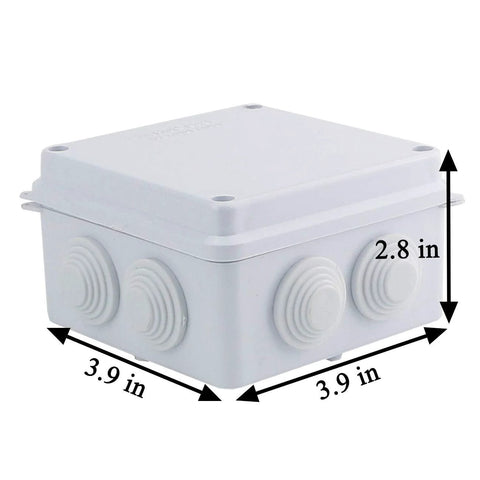 Sunnyglade IP65 ABS plastic junction box, 3.9x3.9x2.8 in, white, side view with three knockouts.