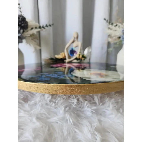 14 Inch Lazy Susan Turntable With Shimmer Epoxy Resin Artwork featuring floral accents on durable wood, ideal for home decor.