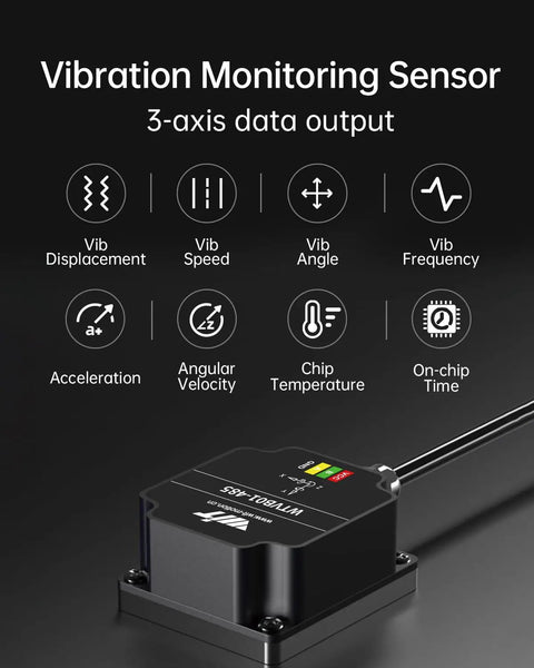 Beefed Up IP68 3 Axis Vibration Sensor With RS485 Modbus RTU for motor monitoring showing 3-axis data output features.