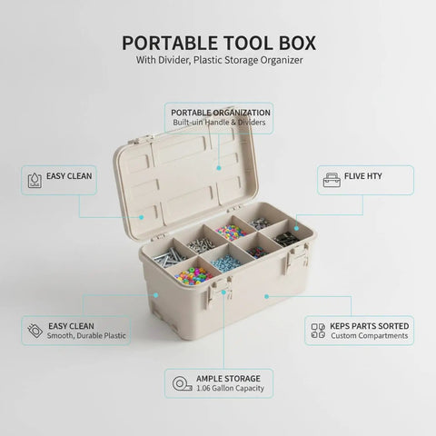 Portable Tool Box With Divider For Hardware And Crafts, heavy duty plastic organizer with handle, showing sorted screws and beads.