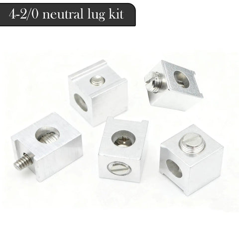 Five Pack Neutral Ground Lug Kit With Aluminum Ground Lugs For Electrical Panel And Ground Bar Installation, Sized For Four To Two Zero Gauge Wire, Includes Two Screws Per Lug, Silver Finish, Ready To Install
