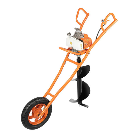 Beefy 2.2kW Gas Powered Post Hole Digger With 63cc 2-Stroke Engine, Rugged Earth Auger Ground Drill with a single wheel for mobility.