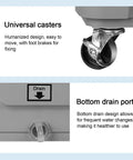 Universal casters and bottom drain port of Portable Evaporative Swamp Cooler With Massive Water Tank And Four Ice Packs For Instant Frosty Relief Three Fast Fan Speeds Provide Smooth Airflow Perfect For Patio Backyard Or Garage Hangouts This Lightweight Unit Keeps You Chilled All Summer Long.