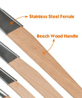 Close-up of beech wood handles and stainless steel ferrules of a 4 piece paint brush set for detail work.