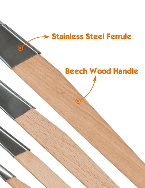 Close-up of beech wood handles and stainless steel ferrules of a 4 piece paint brush set for detail work.