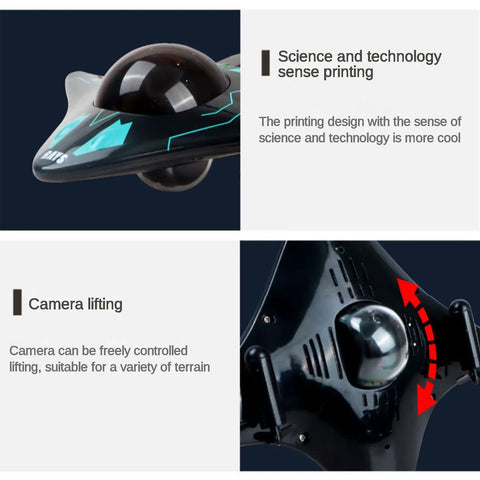 Close-up of the waterproof RC boat with WiFi camera, science-inspired design, camera lifting mechanism visible for versatile terrain.