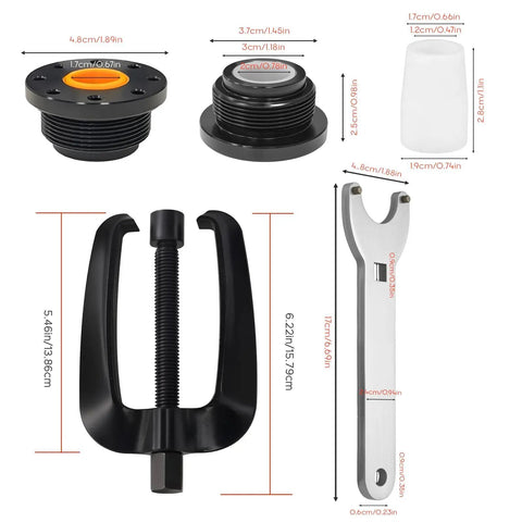 Front Mount Hydraulic Steering Seal Kit With Pin Wrench And Support Bracket Puller For Outboard Motors Compatible With HC5340 HC5341 HC5342 HC5343 HC5344 HC6750 HC6751 2 In 1 Repair Kit showing components and dimensions