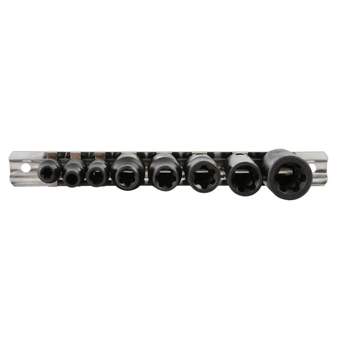 8 Piece External Impact Torx Plus Socket Set With Three Eighths Inch Drive Pro Grade Includes Bolt Extractors And Rail