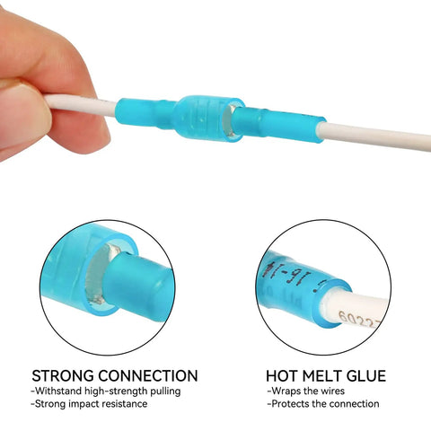 Close-up of Blue Heat Shrink Female Spade Connectors Kit 100Pcs 16 To 14 AWG Waterproof Insulated Quick Disconnects fitted on wire