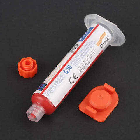 Flux Repair Kit With Light Curing Liquid No Clean Flux For PCB BGA Boards Includes Precision Needles And Flashlight For Quick Easy Solder Paste Fixes Like A Pro Today, tube with cap and adapter.