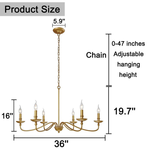 Massive 36 Inch Classic Candelabra Farmhouse Chandelier With Six Candle Lights Antique Gold Painted Iron Pendant Ceiling Light Fixture