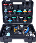 KOOPOOL 30-piece radiator pressure tester kit in open hard case with colorful adapters and gauges