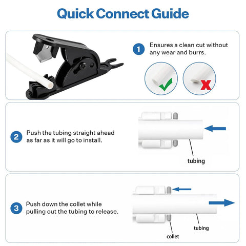 Quick connect guide for Fridge Water Line Kit 32.8 ft One Quarter Inch OD NSF Certified LLDPE Tubing with instructions for use.