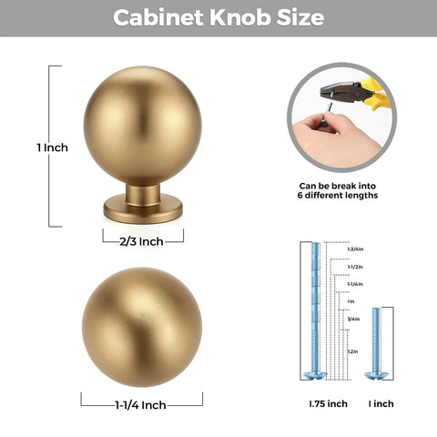 Super Durable Zinc Alloy Round Ball Cabinet Knobs One Inch Diameter Twelve Pack Champagne Bronze with size measurements.