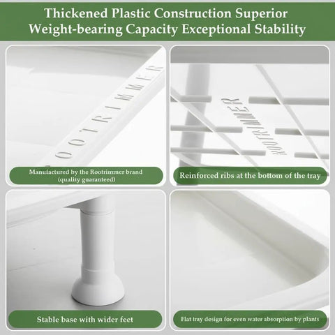 Four views showing details of the Five Tier Seed Starter Tray Stand With Self Watering Reservoir For Indoor And Outdoor Seedlings And Greenhouse Use A Space Saving Shelf For Small Cell Trays And Nursery Pots White.