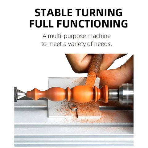 6 in 1 Mini Lathe for DIY Wood and Stone Carving Bead Grinding Drilling and Engraving, Compact 12-24V 96W Metal Lathe in use, wood turning.