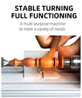 Quantbu Mini Metal Lathe 6-in-1 Wood Carving Machine 24V High Precision CNC Engraver shaping wood with variable speed motor.