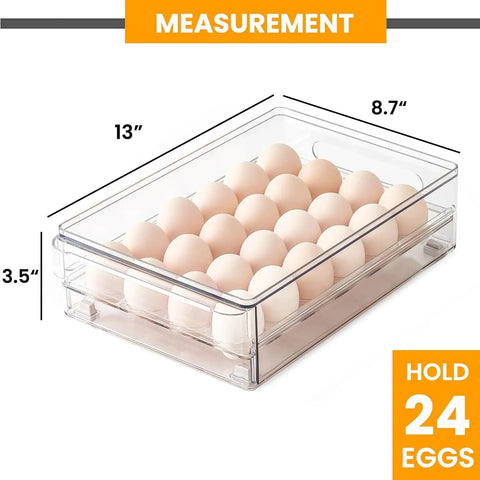 24 Egg Storage Organizer For Fridge, BPA Free Stackable Egg Holder, Clear Egg Drawer with dimensions, holds 24 eggs.