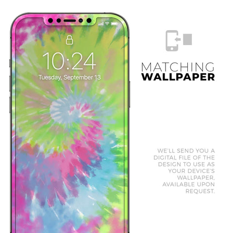 Full Body Skin Decal Wrap Kit for iPhone 11 With Spiral Tie Dye Pattern V7 on display screen with matching wallpaper