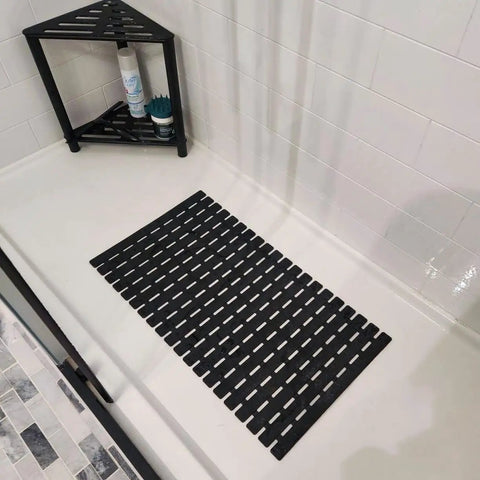 No Sweat Non Slip Shower Mat For Tub on white bathtub surface, heavy duty black TPE material, size 27.5 x 15.7 inches.