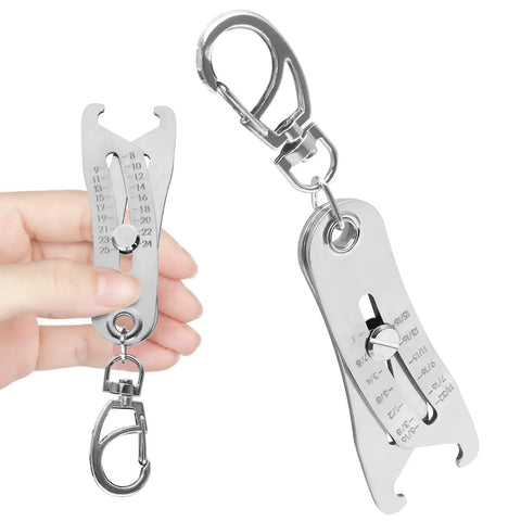Bolt Size Finder Tool Keychain Gauge For DIY Mechanics Portable Stainless Steel Bolt And Nut Thread Size Checker Measures 5/16 To 1 Inch And 8 MM To 25 MM For Quick Fitment Checks shown in hand and close-up.