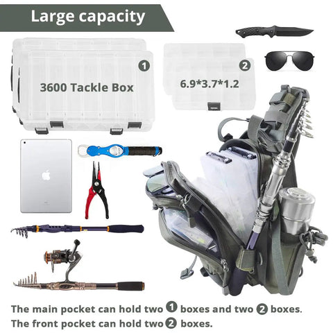All Day Fishing Backpack With Water Resistant Tackle Bag Rod Holder shown with gear and tackle boxes, Army Green