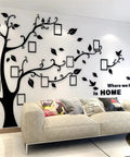 3D Dope Tree Wall Decals With DIY Photo Frame For Family Portraits in living room with couch, wall mural, and cushions.