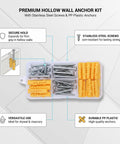 Plastic Hollow Wall Anchors With Stainless Steel Screws For Drywall And Masonry Expansion Mount Kit in a compartmentalized box