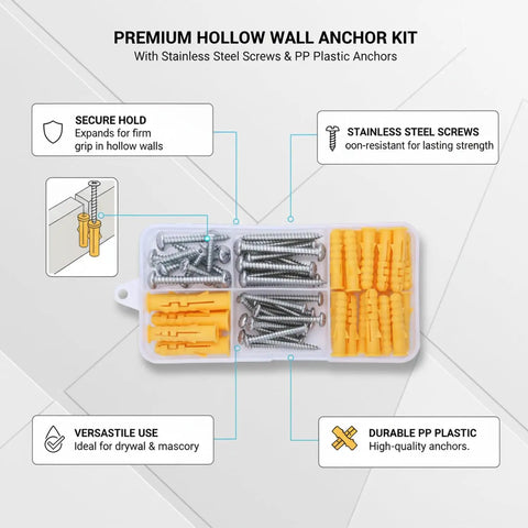 Plastic Hollow Wall Anchors With Stainless Steel Screws For Drywall And Masonry Expansion Mount Kit in a compartmentalized box