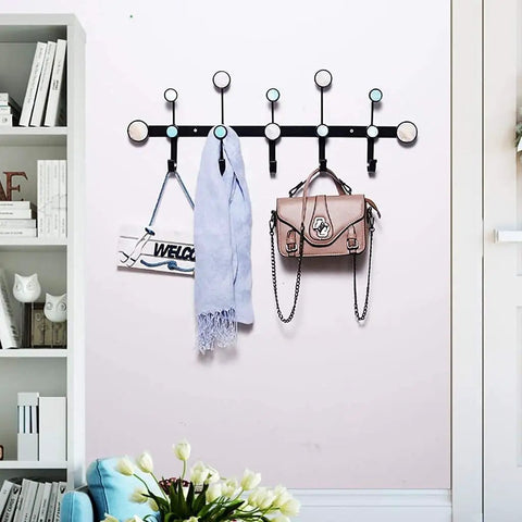 Round Dot Wrought Iron Wall Hook Absolute Game Changer For Entryway Storage That Slays Your Foyer Decor Keeps Coats Hats Keys And Bags Organized Straight Up A Real Winner with scarves and bags hanging.